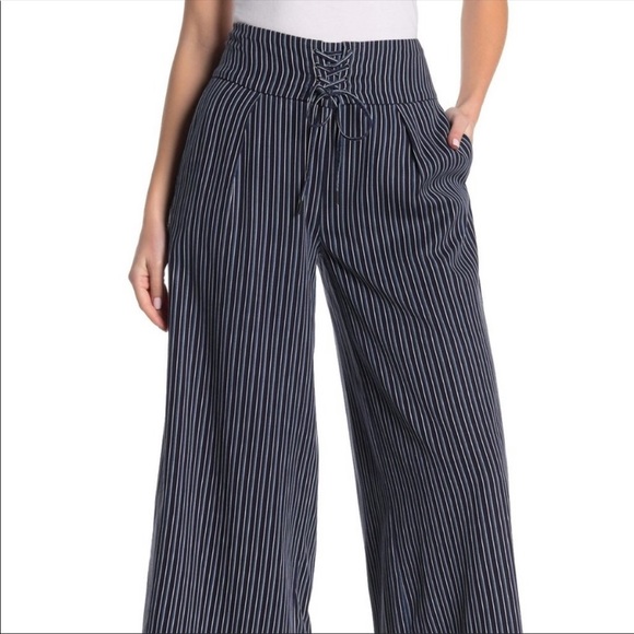 PAIGE Navy Blue Paradise Charisma Stripe Wide Leg Pants - Picture 3 of 16